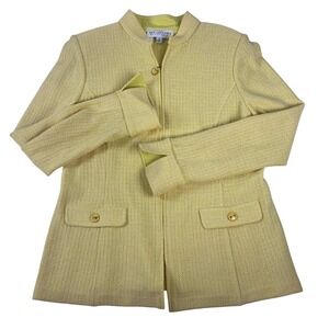 St John Collection Yellow Textured Knit Zip Up Jacket Mock Neck Size 10 USA